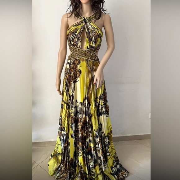 JOVANI Elegant Yellow And Green Floral Halter Dress - Picture 3 of 4